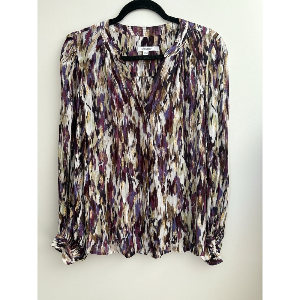 Chicos Purple Gold Metallic Ikat Crinkle V-Neck Blouse Top Size 1 US 8 570353796